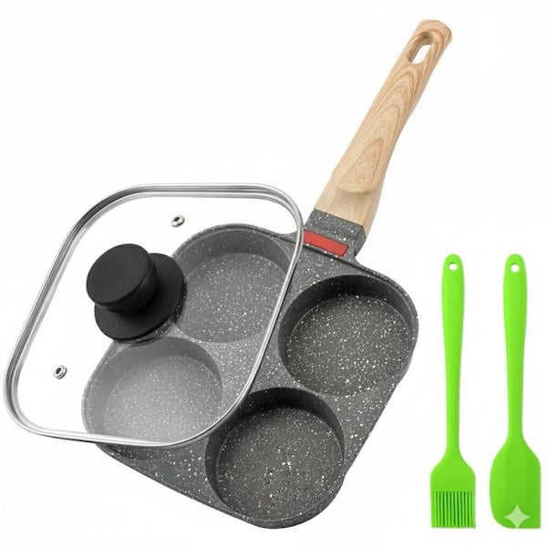 Gray 4-Cup Kitchen Tools Egg Frying Saute Pan 7.5 in. Nonstick Aluminum Alloy Black with Lid Induction Gas