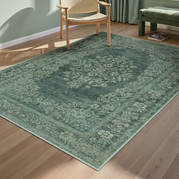 Kamuri Green 3 ft. x 5 ft. Vintage Washable Medallion Distressed Area Rug