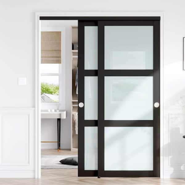 60 in. x 80 in. 3-Lite Frosted Tempered Glass Solid Core Black Finished MDF Interior Sliding Door with Hardware
