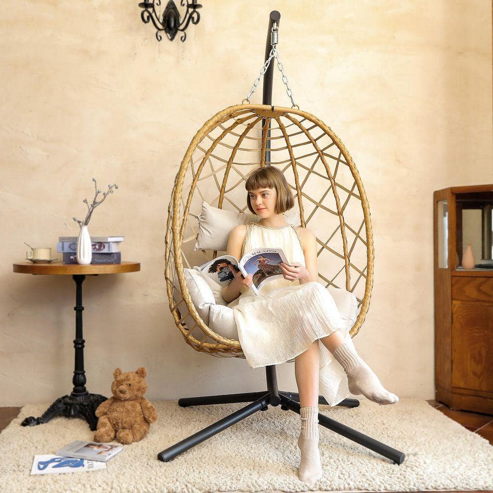 1-Person Wicker Patio Swing Egg Chair with Standand Beige Cushion