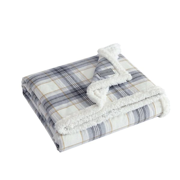 Eddie Bauer Edgewood Plaid Sherpa Gray Cotton Throw Blanket