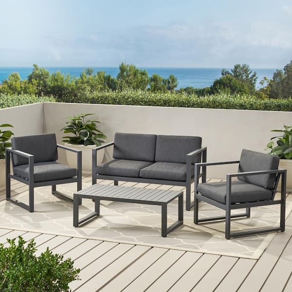Sudzendf 4-Piece Aluminum Outdoor Sofa Couch Conversation Set with Gray Cushions