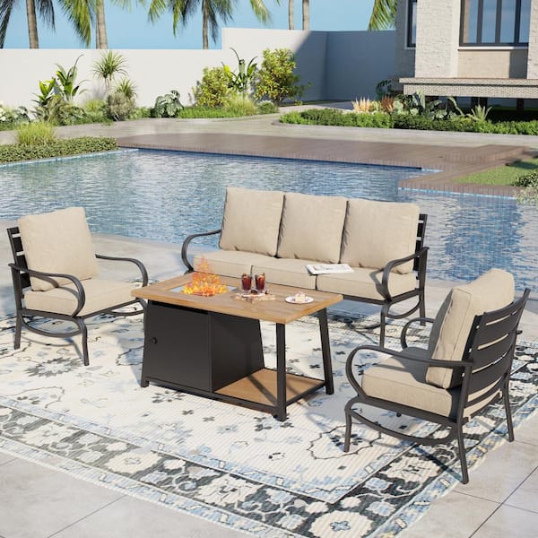 PHI VILLA Black 4-Piece Metal Slatted 5 Seat Steel Outdoor Patio Conversation Set with Beige Cushions, Rectangular Fire Pit Table