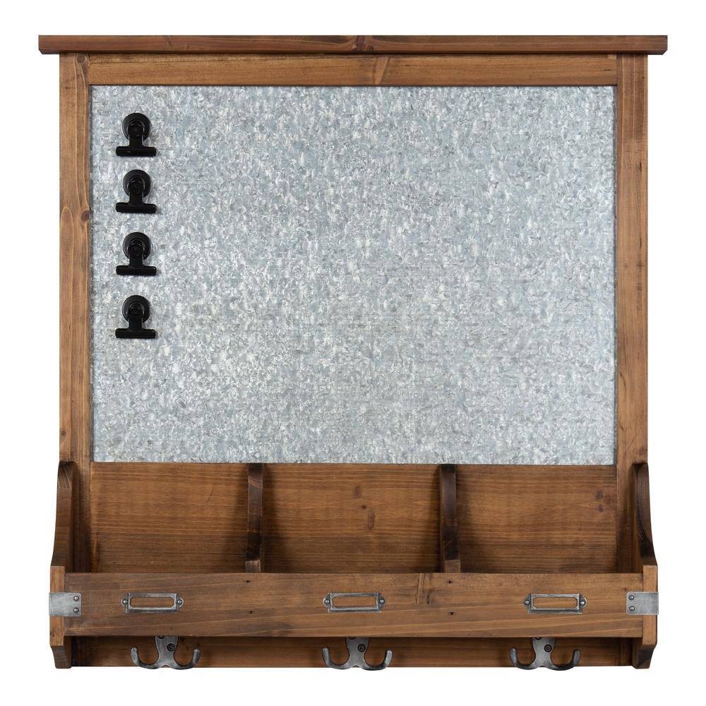 Rustic Brown Wood and Metal Magnetic Wall Organizer with Hooks