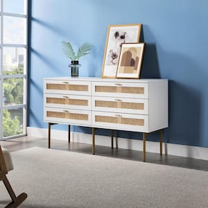 Datang White 6-Drawer 54 in. W Double Dresser with Metal Legs