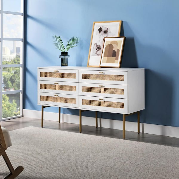 JAYDEN CREATION Datang White 6-Drawer 54 in. W Double Dresser with Metal Legs