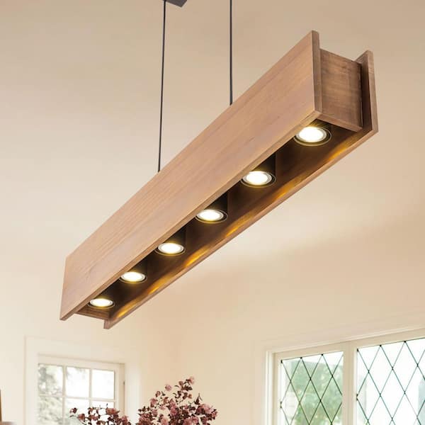 Boun 6-Light Farmhouse Black Linear Wood Pendant Light for Kitchen Island and Dining Room