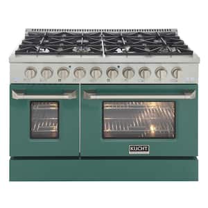 Pro-Style 48 in. 6.7 cu. ft. Double Oven Natural Gas Range with 8 Burners in Stainless Steel with Green Oven Doors