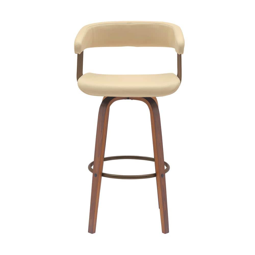 Topanga Cream Faux Leather Swivel Counter Stool with Walnut Wood and Bronze Metal