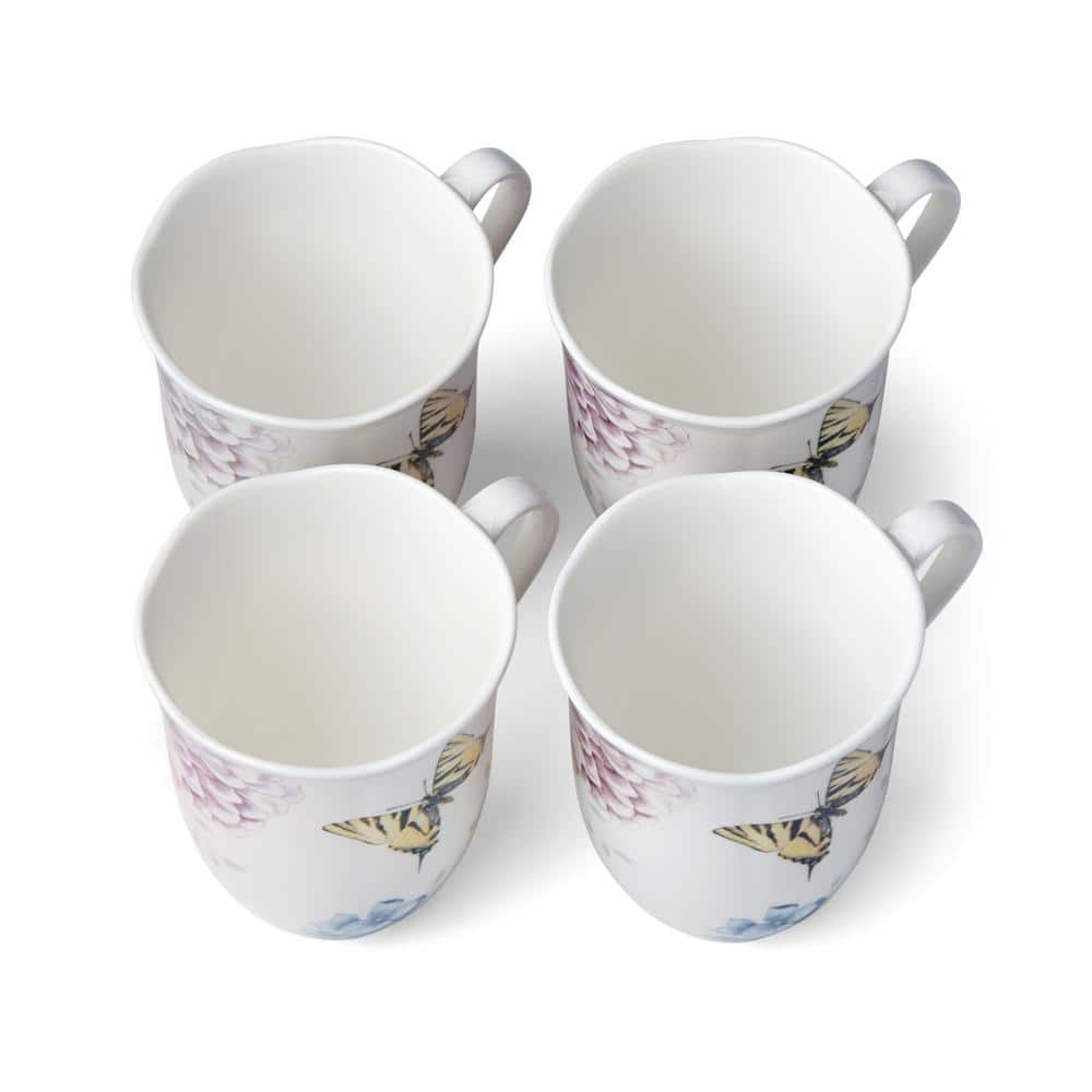 White Ceramic Butterfly and Hydrangea Graphic Detail Mug Set of Four