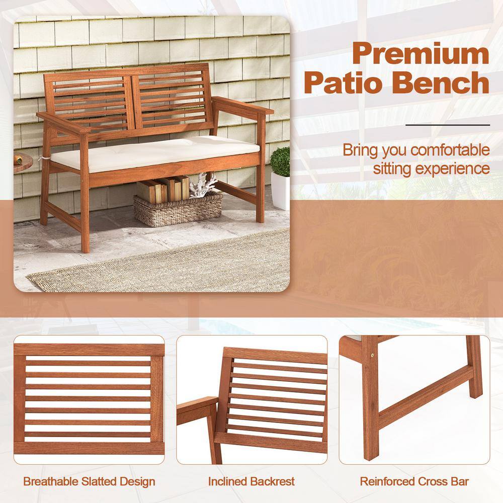 Natural Brown Solid Wood Outdoor Bench with Off-White Cushion