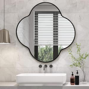 32 in. W x 32 in. H Scalloped Black Aluminum Alloy Framed Wall Mirror Four-leaf Clover Mirror for Living Room, Bathroom