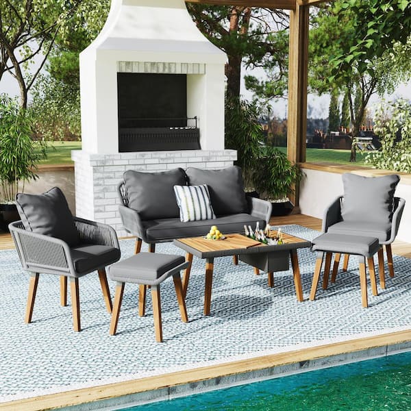 Runesay 6-Piece Wood Outdoor Patio Conversation Sectional Sofa Set with Acacia Wood Ice Bucket Cool Bar Table and Gray Cushions