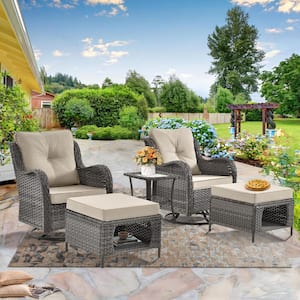 Gray 5-Piece Wicker Patio Conversation Set Swivel Rocking Chairs with Ottomans Side Table Beige Cushions