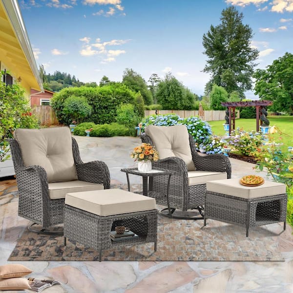 kuurfuurdo Gray 5-Piece Wicker Patio Conversation Set Swivel Rocking Chairs with Ottomans Side Table Beige Cushions