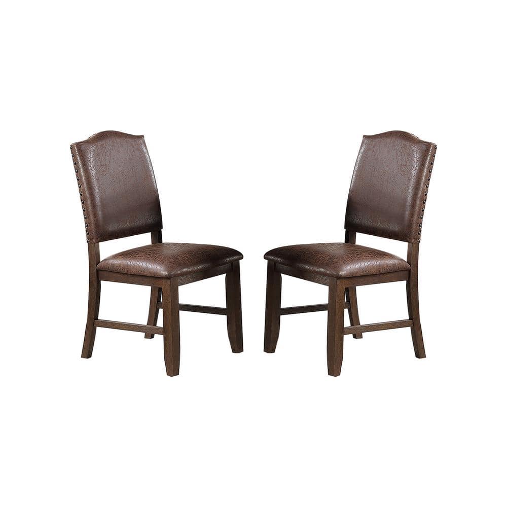 Wood, Dark Brown Faux Leather, Nail Head Trim, Upholstered Dining Side Chai