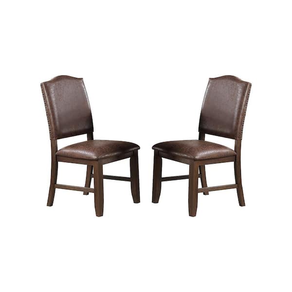 Wood, Dark Brown Faux Leather, Nail Head Trim, Upholstered Dining Side Chair, Set of 2