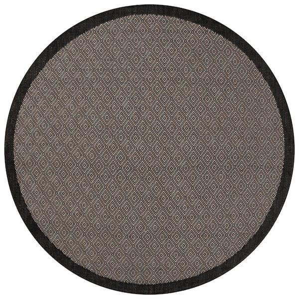 Beach House Black/Ivory 7 ft. x 7 ft. Diamond Border Indoor/Outdoor Round Area Rug