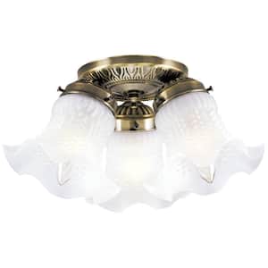 3-Light Ceiling Fixture Antique Brass Interior Flush-Mount with Frosted Ruffled Edge Glass