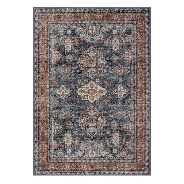 Oriental Home Decor Soft Foldable Indoor Machine Washable Blue Orange 5 ft. x 7 ft. Area Rug