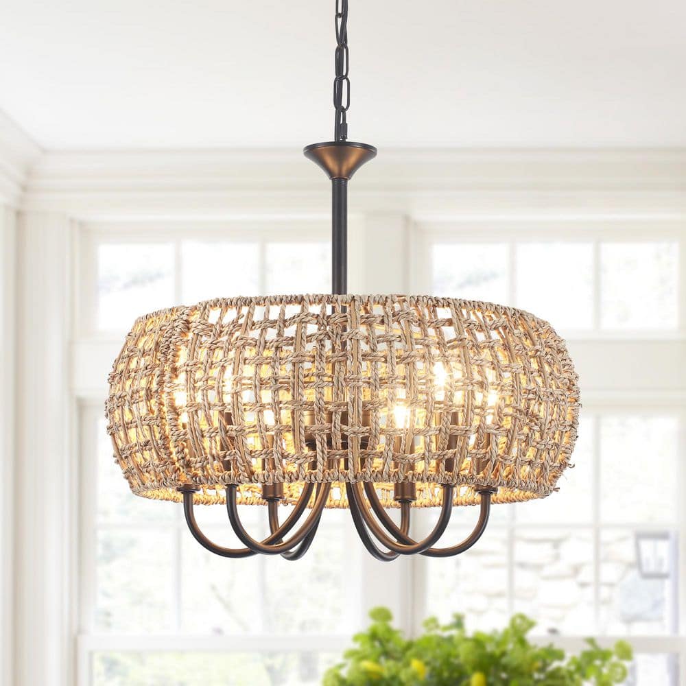 18 in. 6-Light Black and Brown Natural Rattan Bohemian Drum Chandelier Farmhouse Pendant Light price history on PriceWatchPro
