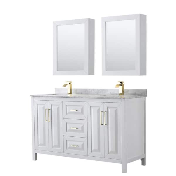 Wyndham Collection Daria 60 in. W x 22 in. D x 35.75 in. H Double Sink Bath Vanity in White w/ White Carrara Marble Top and MedCab Mirrors
