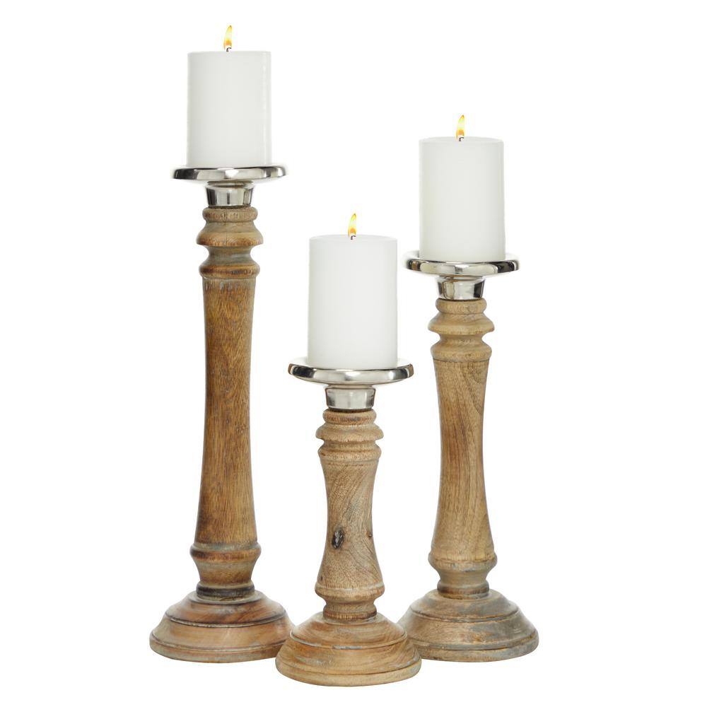 Elegant Mango Wood 9'' Traditional Candlestick Set in Brown