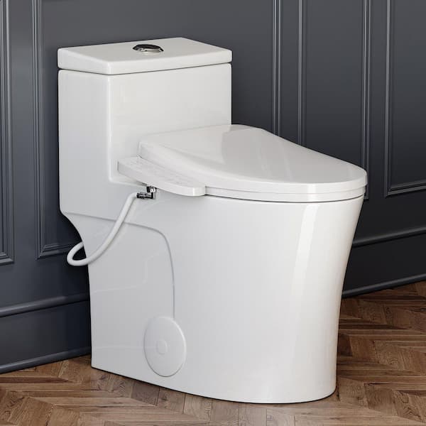 Elongated 0.8/1.28 GPF Dual Flush 17 in. ADA Chair Height Toilet in White with Smart Bidet Seat MAP Flush 1000g, 1-Piece