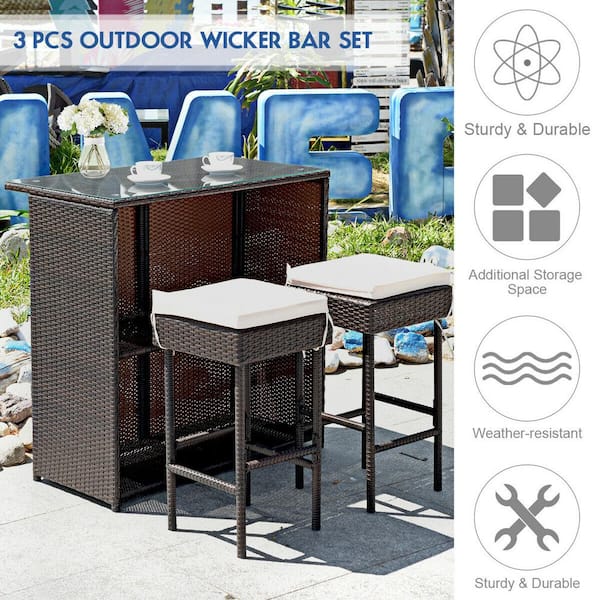 Costway 3 Piece Wicker Outdoor Dining, 3 Pcs Patio Outdoor Rattan Wicker Bar Table And 2 Stools