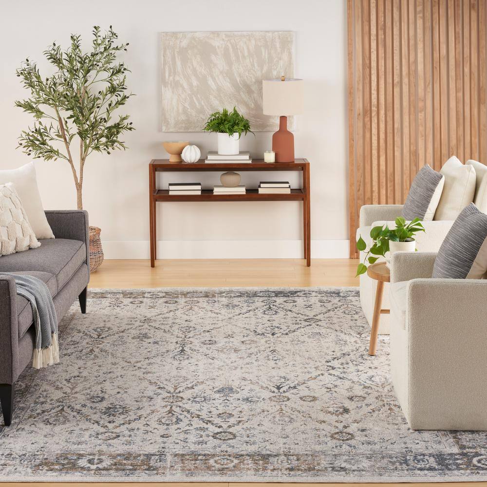 Ivory Blue Floral Synthetic 8' x 10' Washable Rug