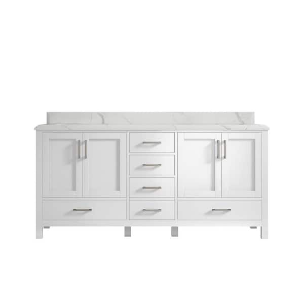 Willow Collections Malibu 72 in. W x 22 in. D x 36 in. H Double Sink Bath Vanity in White with Cove Edge Calacatta Quartz Top