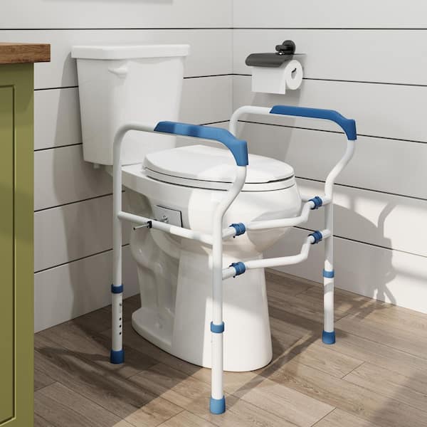 21 in. Extra Tall 2-Pieces 1.28 GPF Single Flush Elongated Toilet in White Seat Included w/ 30.31 in. Toilet Safety Rail