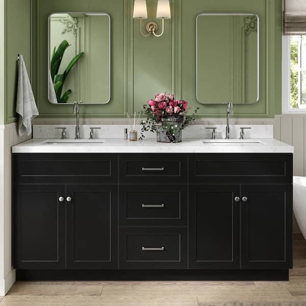 ARIEL Hamlet 72.25 in. W x 22 in. D x 36 in. H Double Sink Freestanding Bath Vanity in Black with Carrara White Quartz Top