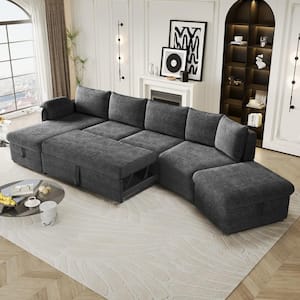 147 in. L-shaped Linen Conversible Sectional Sofa in Gray with Storage, Ottoman, Pull-out Sofa Bed and 2 USB Ports