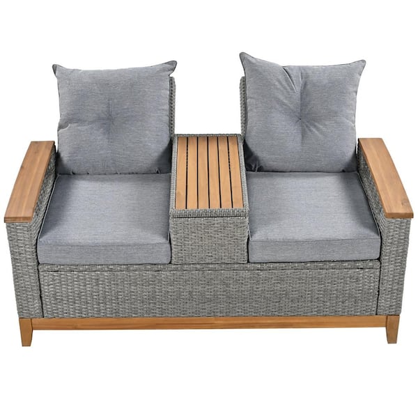 Siavonce Wooden Outdoor Adjustable Loveseat with Grey Cushions, Armrest with Storage Space, Suitable For Courtyards and Pools