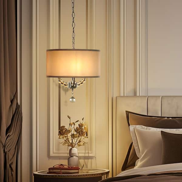 3-Light Modern Cottage Drum Organza Fabric Lampshade Pendant with Wide Clear Crystal Beads Sheer Ceiling Light Fixture
