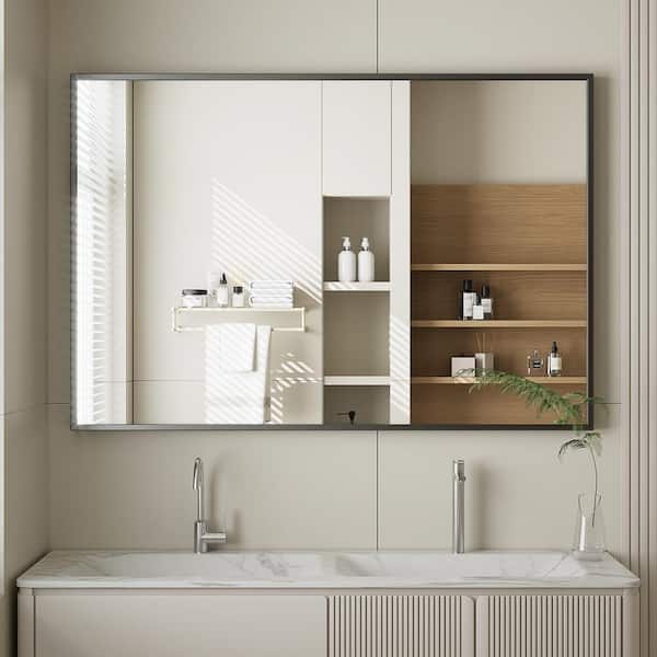 XRAMFY 24 in. W x 35.8 in. H Rectangular Modern Black Aluminum Framed Bathroom Mirror Vanity Mirror Wall Mirror