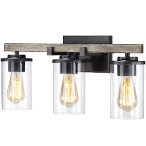 Madison 22 in. 3-Light Natural Iron and Distressed Faux Wood Farmhouse Bathroom Vanity Light with Clear Glass Shades