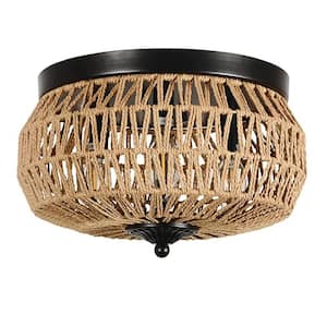Annecy 12.6 in. 3-Light Brown Woven Rattan Semi-Flush Mount with Shade and No Bulbs Included