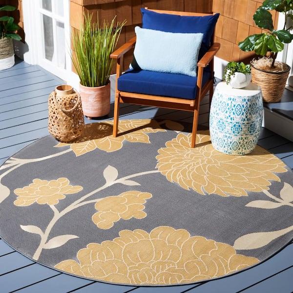 Courtyard Anthracite/Beige 4 ft. x 4 ft. Floral Scroll Indoor/Outdoor Round Area Rug
