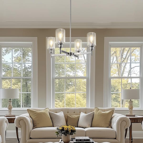 4-Light Brushed Nickel Chandelier with Adjustable Height - Glass Shade Light Fixture for Dining Room Entryway