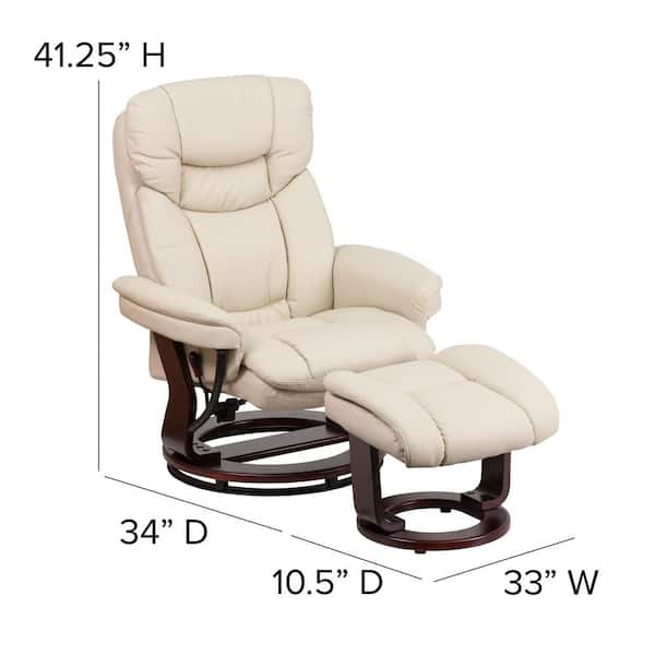 Contemporary Beige Leather Recliner and Ottoman with Swiveling Mahogany Wood 