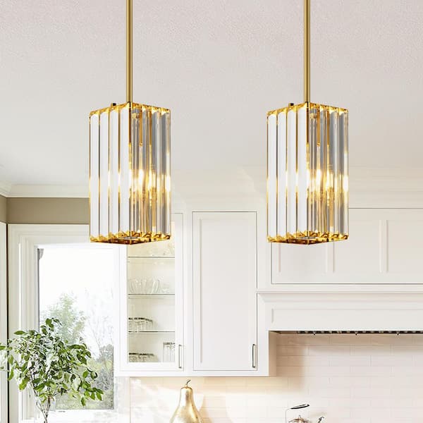 rectangle chandelier crystal pendant light for kitchen island ZHLWIN Home Lighting 40-Watt 2-Light Gold Mini Crystal Rectangle Modern  Pendant Light Adjustable for Kitchen Island (2-Pack) JP-425-Gold-2pack