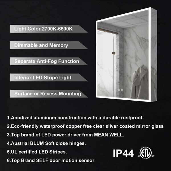 Forclover MA 30-in x 26-in Surface/Recessed Mount Silver Mirrored Soft Close Medicine Cabinet