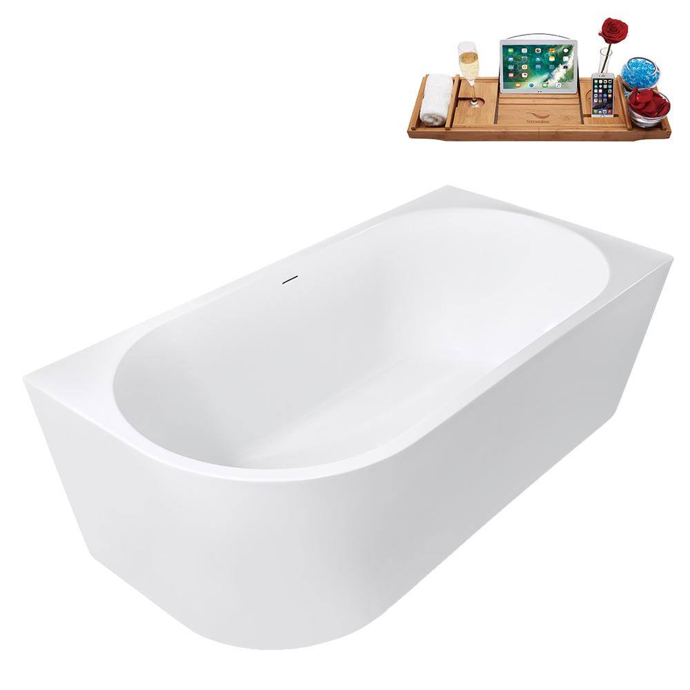 67" Glossy White Acrylic Freestanding Soaking Tub with Tray