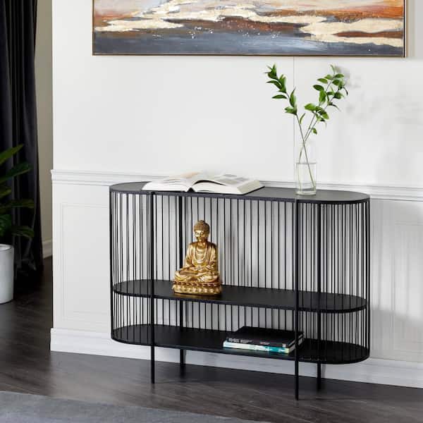 Litton Lane 48 in. Black Extra Large Oval Metal Narrow Open Wire Frame 2 Shelf Console Table
