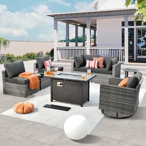 Daffodil H Gray 8-Piece Wicker Patio Fire Pit Conversation Sofa Set with a Swivel Rocking Chair and Black Cushions