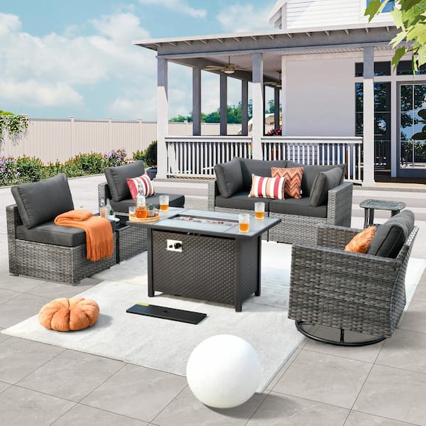 weaxty W Daffodil H Gray 8-Piece Wicker Patio Fire Pit Conversation Sofa Set with a Swivel Rocking Chair and Black Cushions