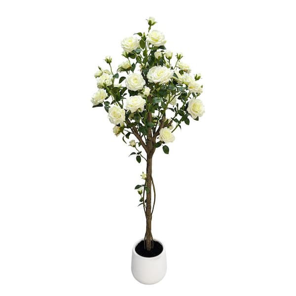 4FT Artificial White Tree,with Plastic Trunk and Silk Flowers,Artificial Plant for Living Room,Bedroom and Porch