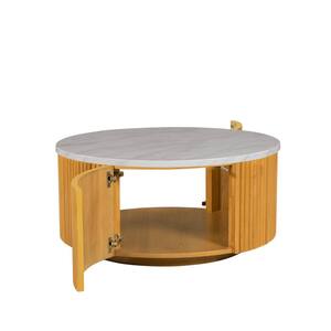 Layana 35.5 in. Natural/Faux White Marble Round MDF Coffee Table